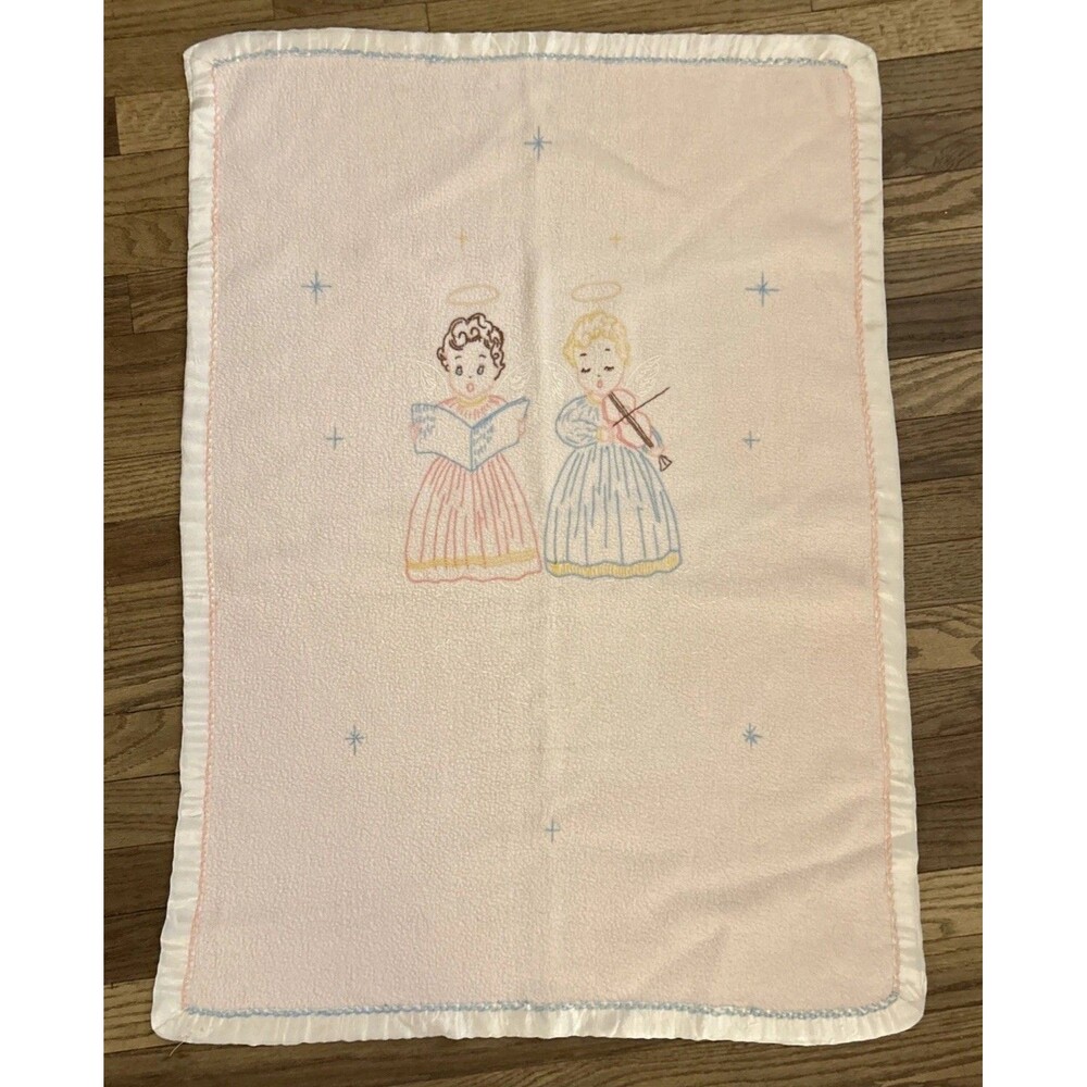 Vintage Hand Embroidered Baby Blanket Pink Satin Trim Angel Cherub Nursery 36x26